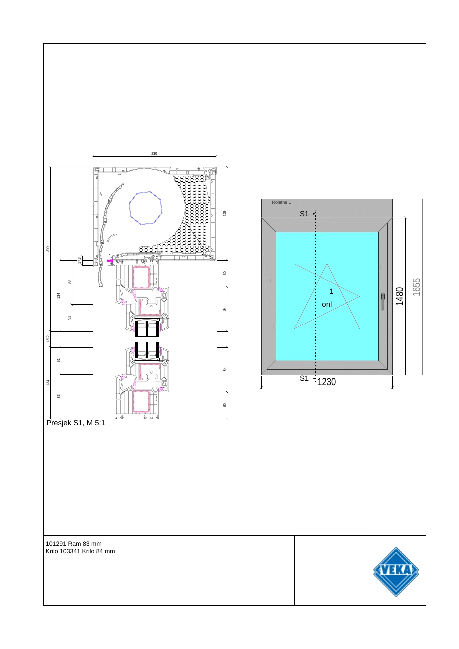 Tehnički crtež prozora sa nadgradnom kutijom visine 175 mm i dubine 230 mm